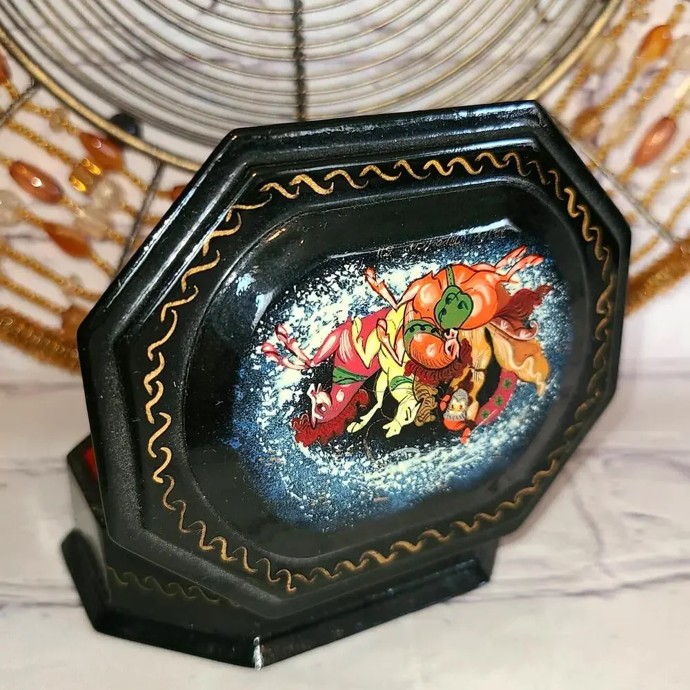 Russian Lacquer Box Palekh Style Hand Painted Artist Signed Vintage Folk Scene